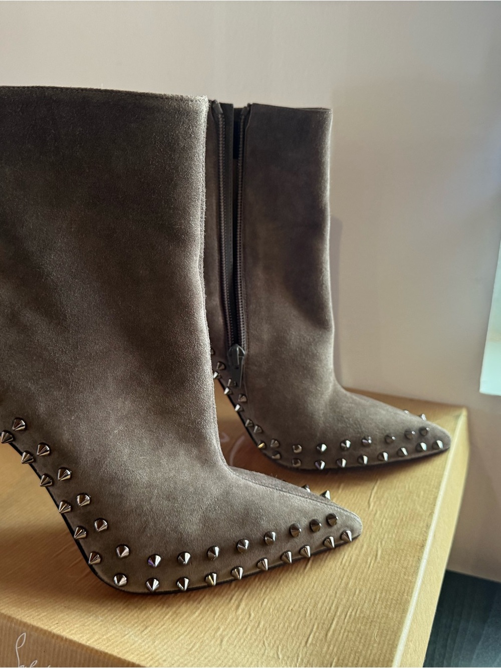 Christian Louboutin Gray Suede Studded Ankle Boots with Red Sole - Picture 3 of 11